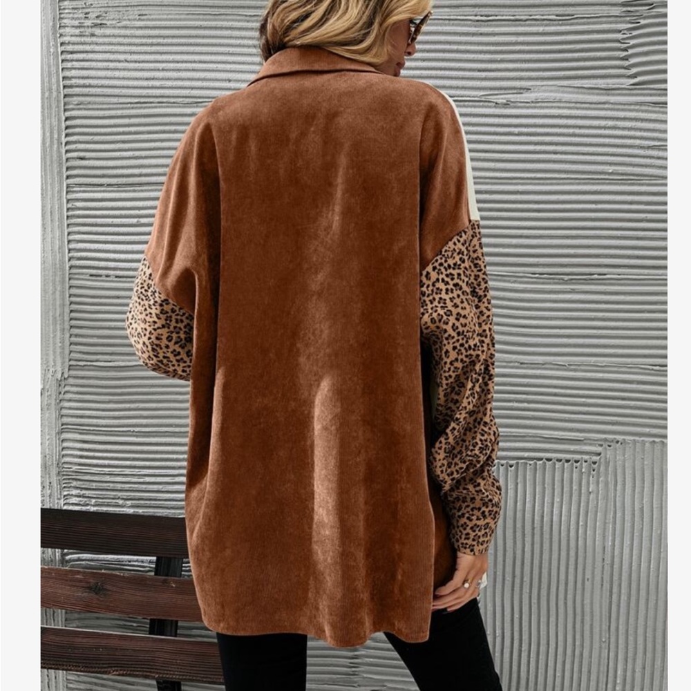 Cozy Corduroy  Oversized Relaxed fit Leopard Print Patch Work Button Down Shirt - Picture 10 of 16